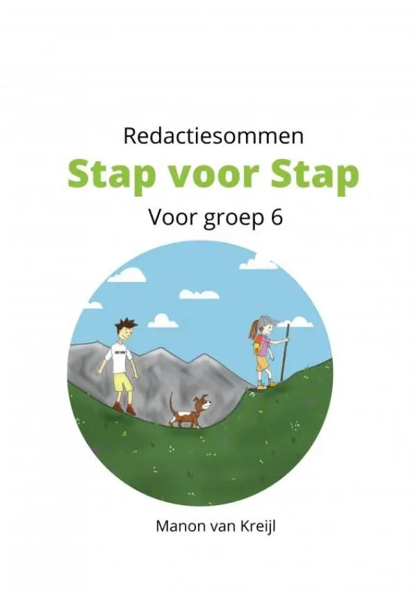 De cover van het educatieve workbook redactiesommen stap voor stap groep 6 met illustratie van kinderen en hond wandelen