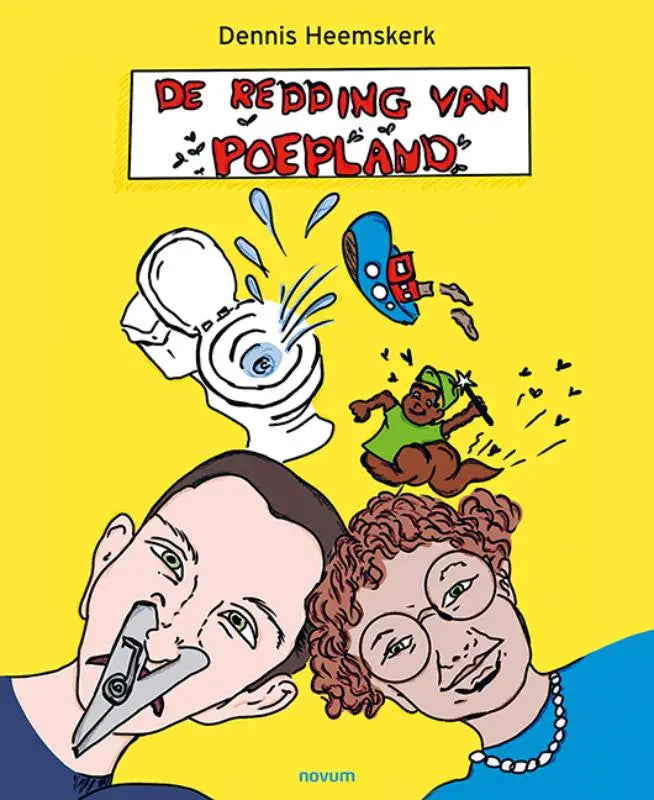 Vibrante gele stripboekcover van de redding van poeland met speelse figuren en fantasierijke scène voor jonge lezers