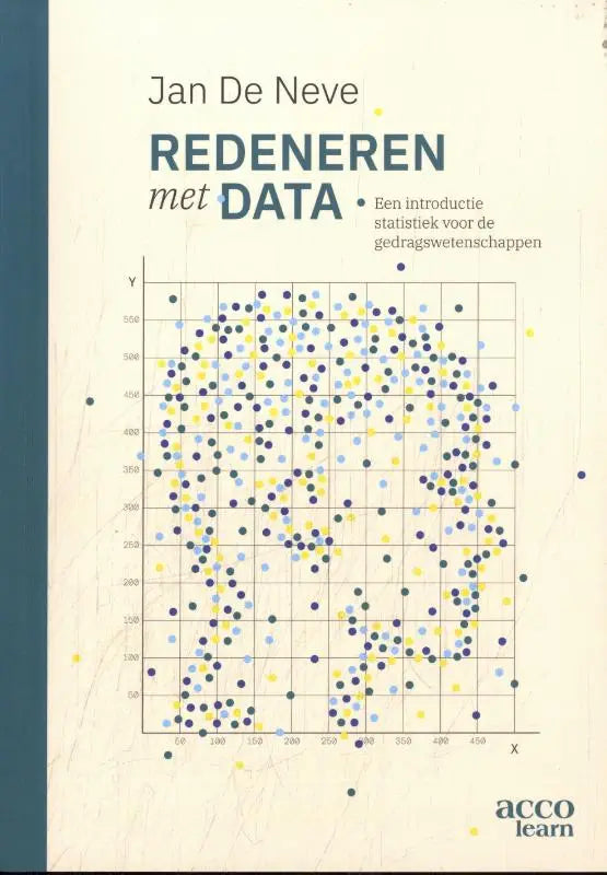 De boekcover van Redeneren met data toont een scatterplot met blauwe gele en donkere punten voor introductie statistiek