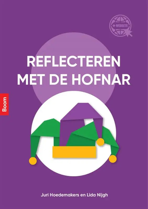 Paars boek met een gestileerde groene en gele narrenhoed en de witte tekst reflecteren met de hofnar
