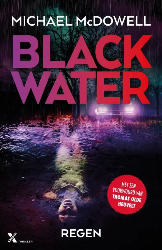 De boekcover van black water door michael mcdowell toont een donkere regenachtige scène met regenwater en een silhouet, geschikt voor regen gebruik