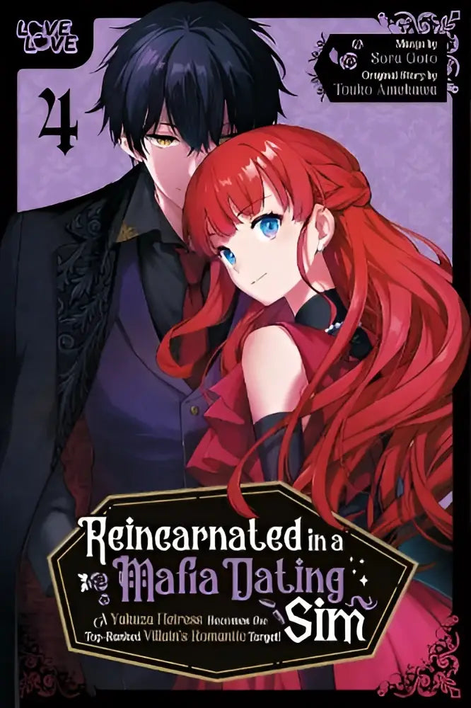De cover van reincarnated in a mafia dating sim volume 4 toont een yakuza heiress en een man in zwart
