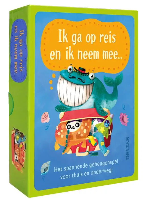 Felle groene en blauwe bordspeldoos ik ga op reis met cartoon walvis en kleurrijke dieren spannend geheugenspel