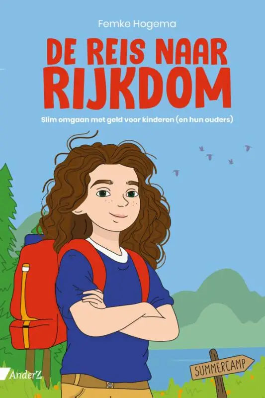 Rode en gele rugzak gedragen door cartoonfiguur bij het product de reis naar rijkdom slim omgaan met geld voor kinderen
