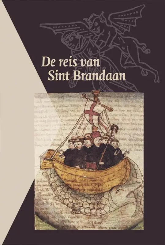 De reis van sint brandaan boekcover met middeleeuwse illustratie van houten boot en zeewezen, focus op regionale cultuur