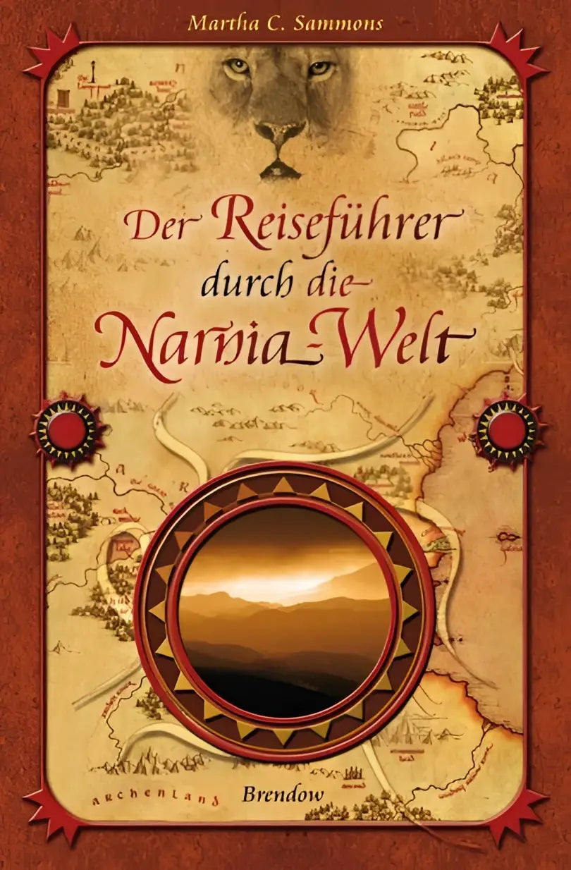 De reiseführer durch de narnia-welt boekcover toont een vintage kaart met een leeuwenkop en rode accenten voor jonge lezers