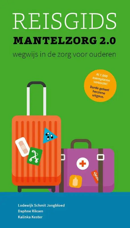 Oranje gestreepte koffer met witte handgreep en stickers inclusief kinderwagen in reisgids mantelzorg