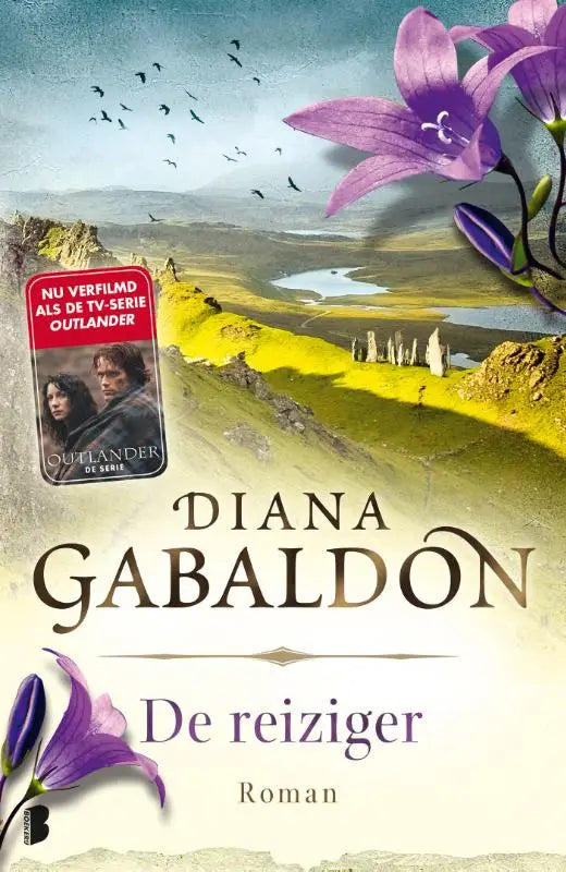 Illustratie van paarse klokjes op de omslag van diana gabaldons roman de reiziger