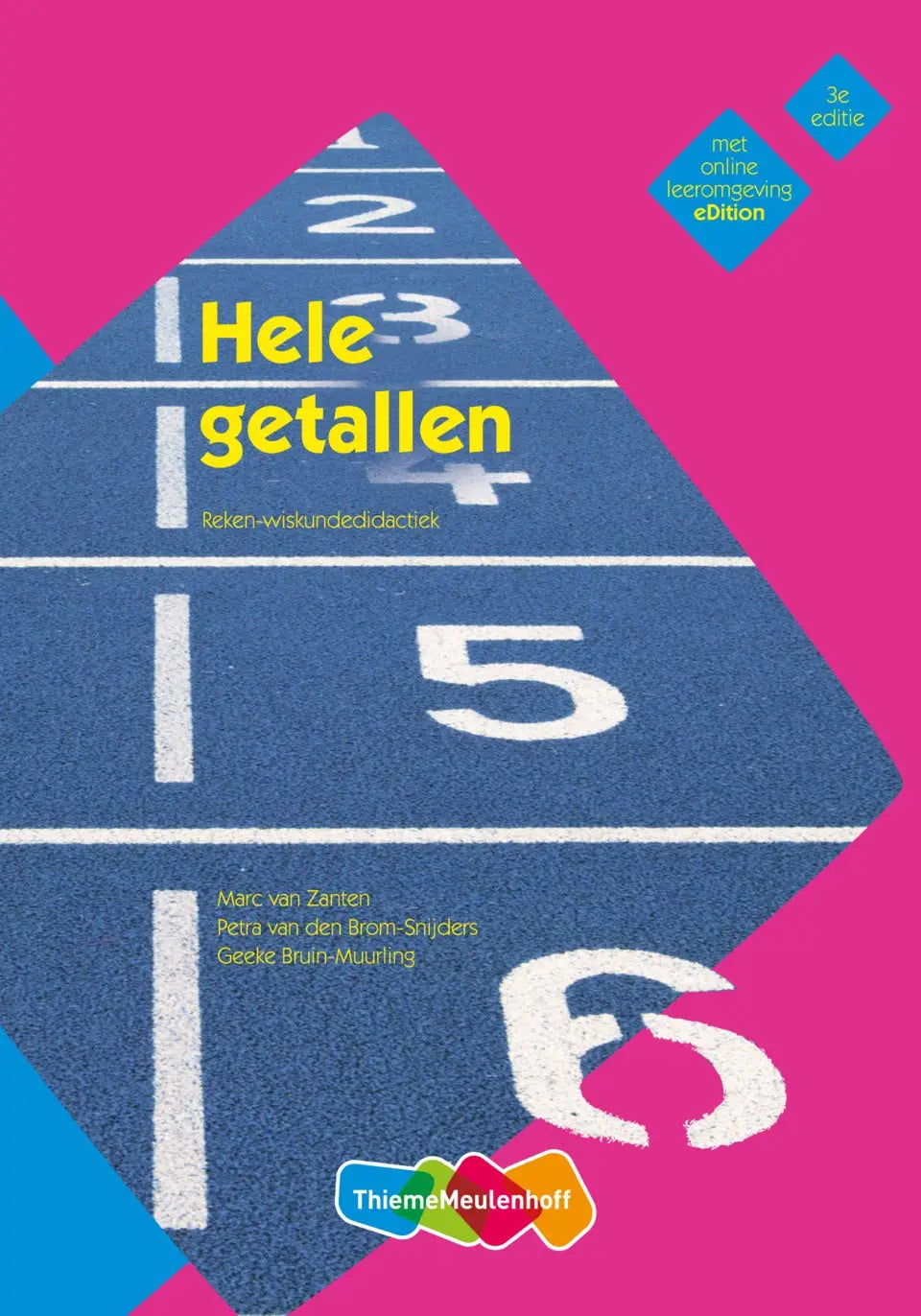 De omslag van het wiskundeboek hele getallen 3e druk toont een blauw atletiekbaan ontwerp op een roze achtergrond