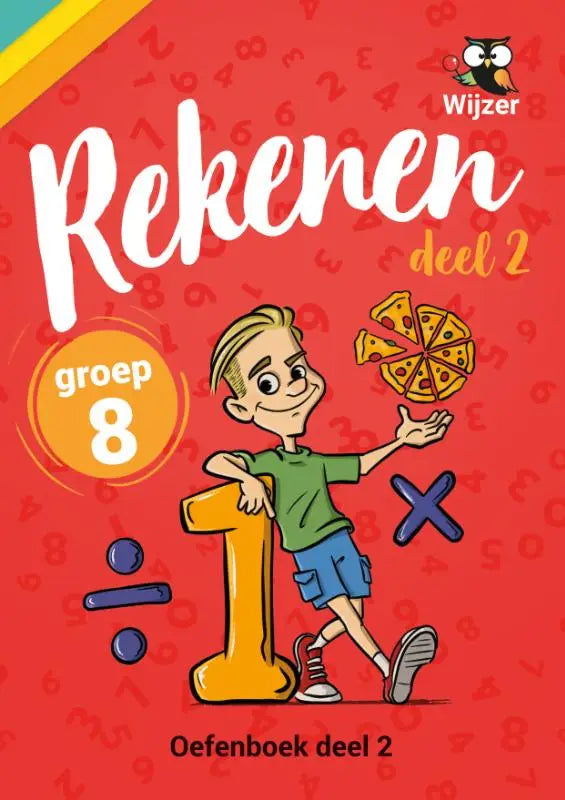 Vibrant rood rekenen groep 8 oefenboek deel 2 met cartoon jongen en grote gele nummer één op de voorkant