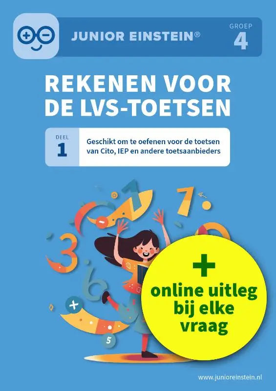 Blauw omslag junior einstein werkboek groep 4 met cartoon meisje en kleurrijke cijfers voor oefenen toetsen andere toetsaanbieders