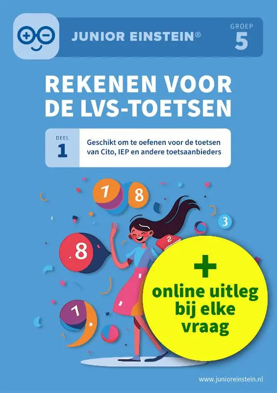 Blauw cover junior einstein werkboek groep 5 met cartoon meisje en zwevende cijfers voor oefenen andere toetsaanbieders