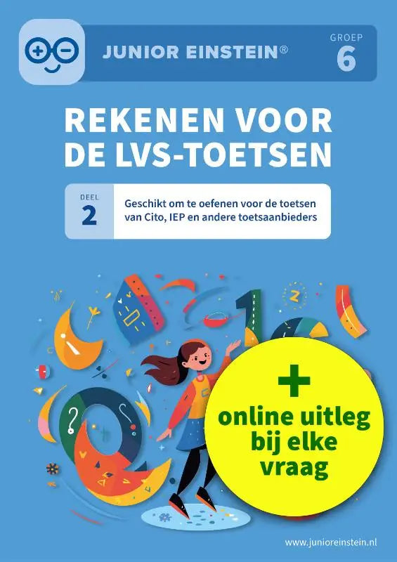 Blauw omslagen junior einstein werkboek voor groep 6 met cartoonmeisje en kleurige rekenillustraties voor andere toetsaanbieders