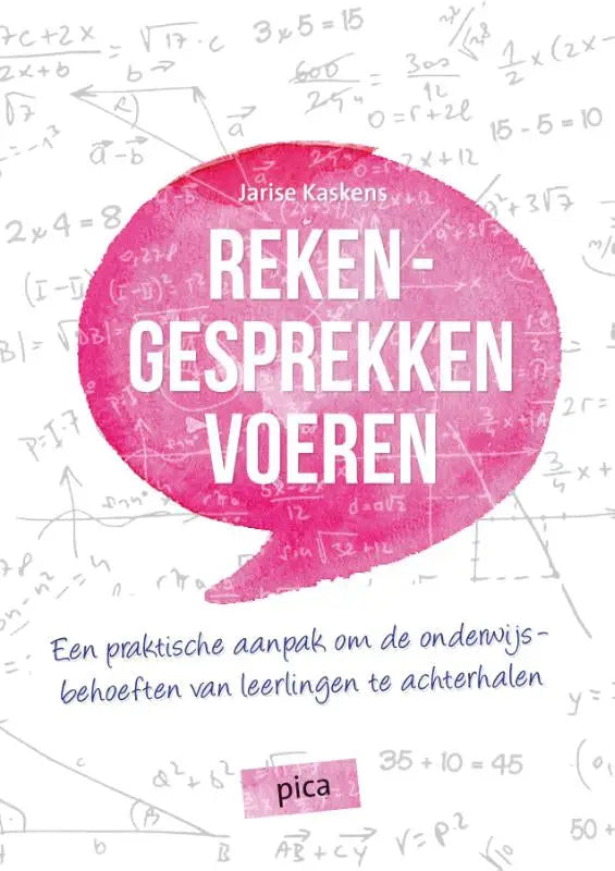 Roze boekcover van rekengesprekken voeren door jarise kaskens met witte tekst en wiskundige formules achtergrond