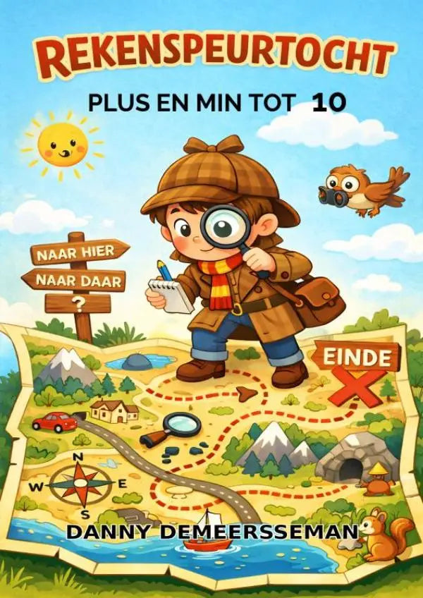 Een cartoon jongen in een bruine detectivehoed en jas met loep en notitieboekje voor reken speurtocht plus en min tot 10