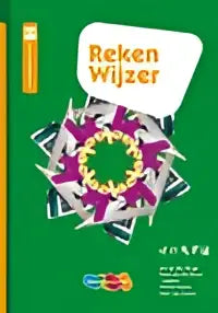 Educatief werkboek rekenwijzer met groene omslag en centrale illustratie van verbonden rekenmachines en paarse vormen