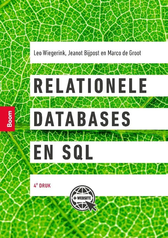 De boekcover van relationele databases en sql door jeanot bijpost en leo wiegerink toont zwarte tekst op witte banden met groene bladprint