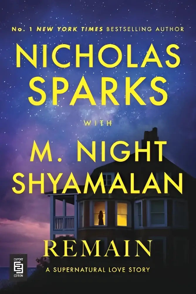 The cover of the novel Remain shows a dark blue night sky with stars above a house and the title remain in bold yellow letters