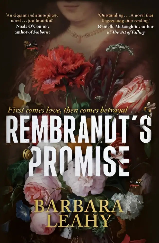 The book cover of rembrandts promise features an elegant and atmospheric floral design with vibrant red pink and white blossoms on a dark background