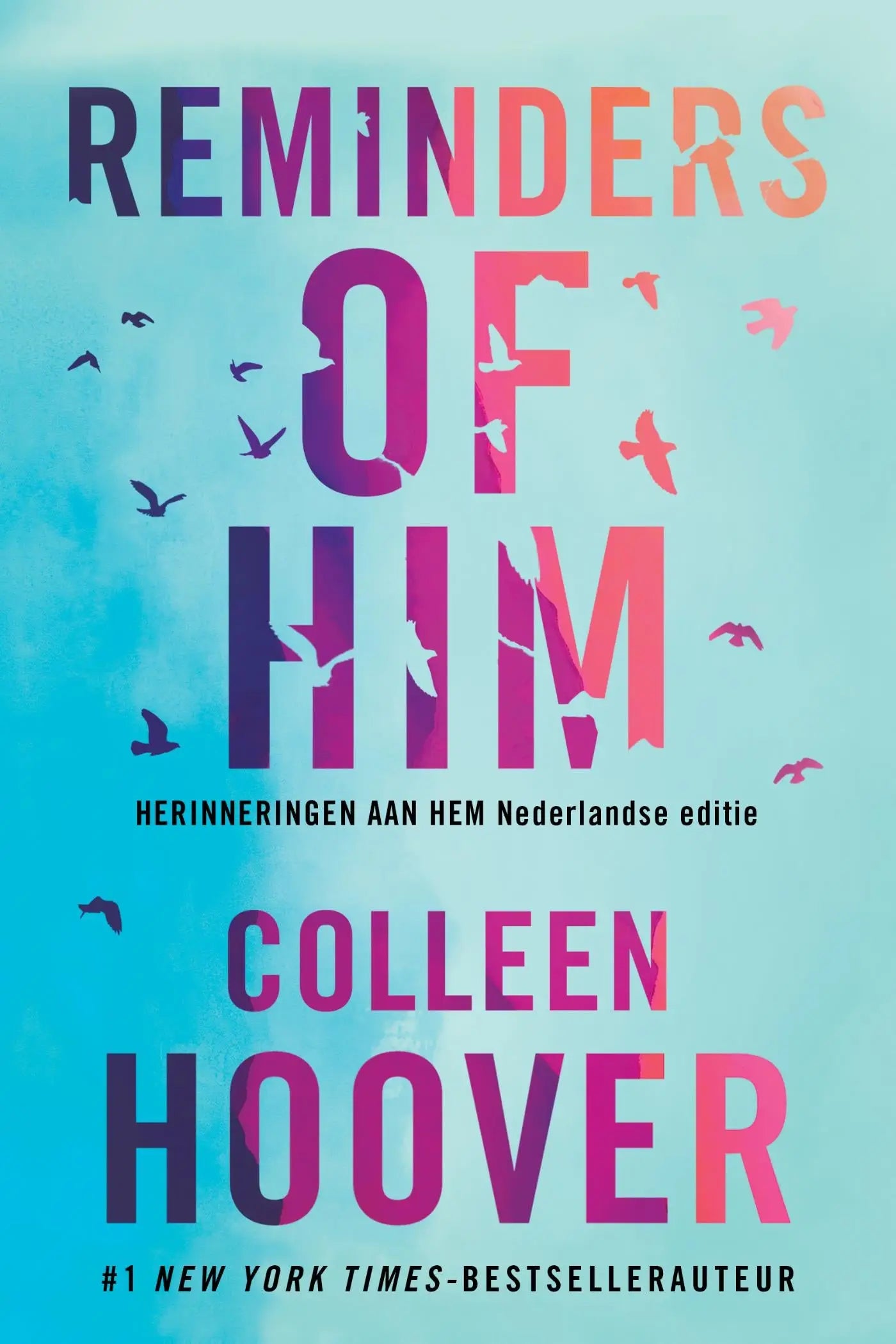 De boekomslag van reminders of him door colleen hoover toont gedurfde, gradient typografie en vogelzwarte silhouetten op een zacht teal achtergrond