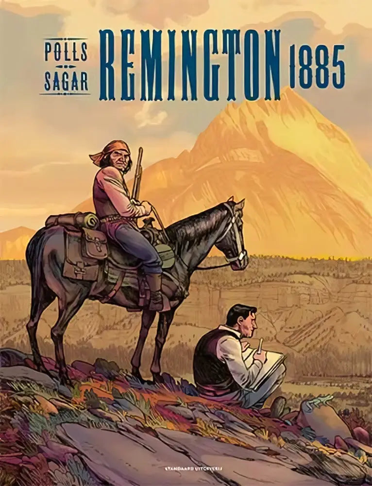 Remington 1885 kalender omslag met warme berglandschapillustratie van man te paard door josep maria polls