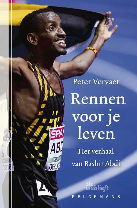 Zwart geel gestreepte atletische tanktop met gedurfd geometrisch patroon gedragen door atleet op boekcover Rennen voor je leven