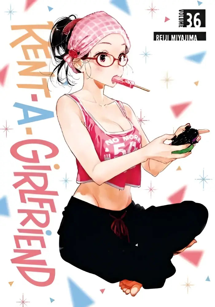 De cover van het manga rent-a-girlfriend 36 door reiji miyama toont een meisje in roze en zwart met een handheld gameconsole
