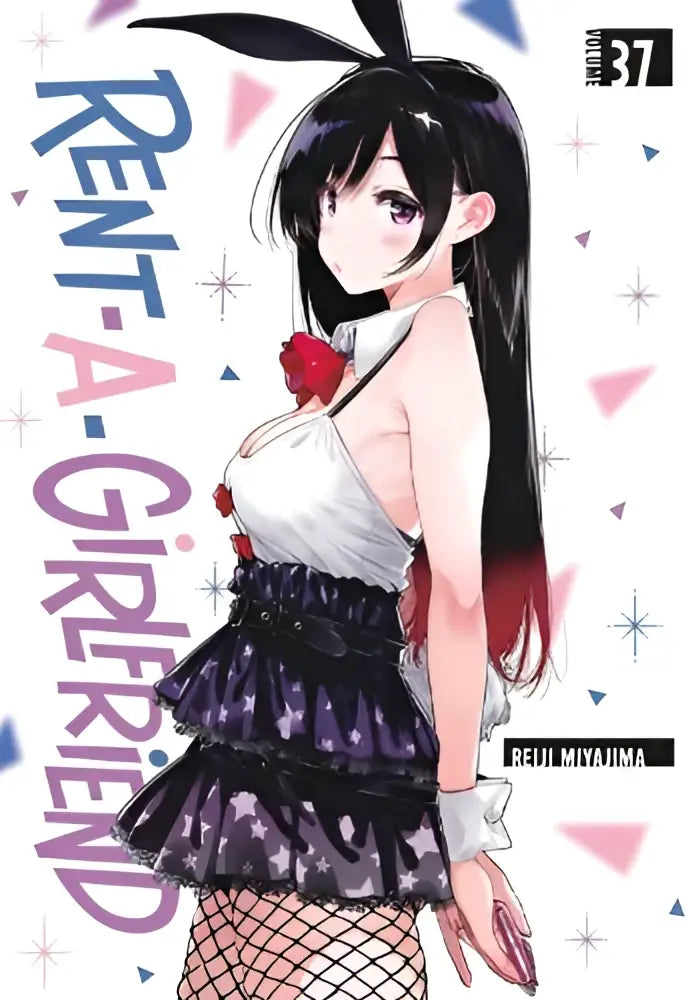 De coverart van de manga rent-a-girlfriend 37 toont een zwartharig anime meisje met konijnenoren en paars gestreepte rok