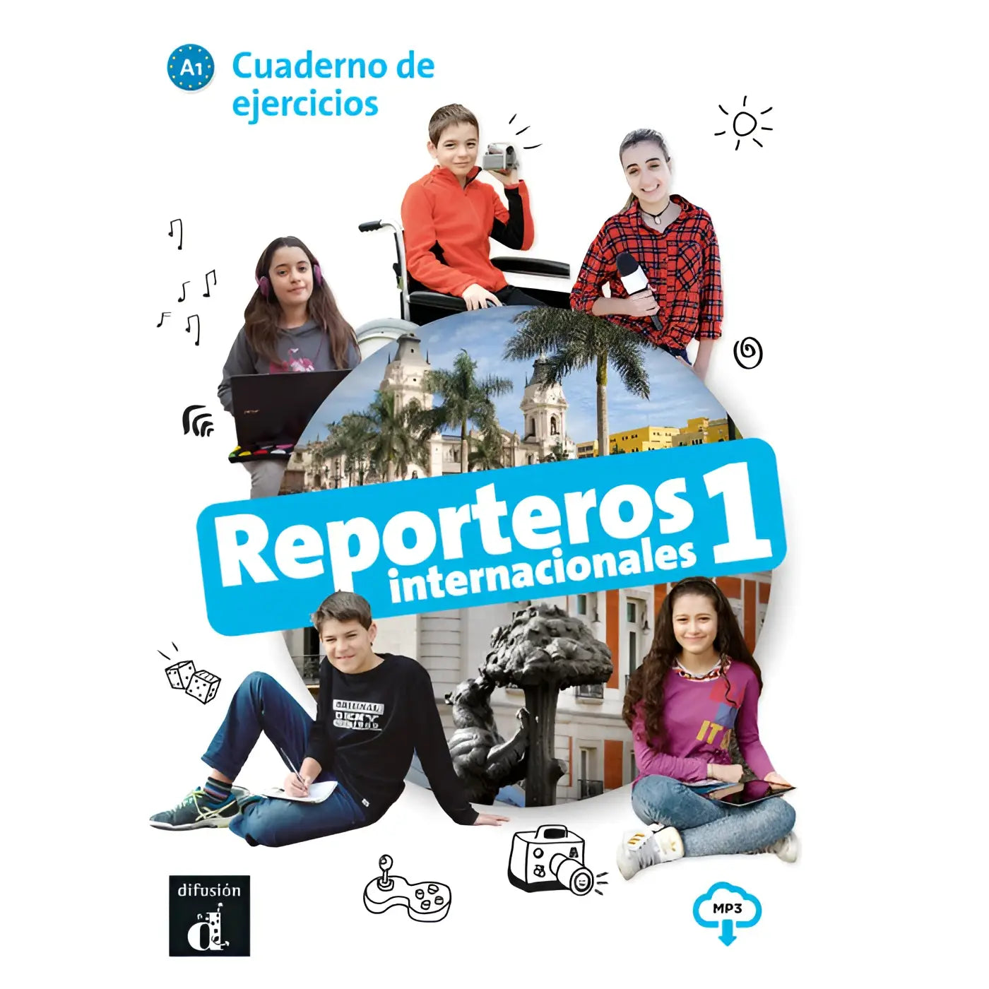 Blauw-wit reporteros internacionales 1 cuaderno de ejercicios met kinderen in media activiteiten op de omslag