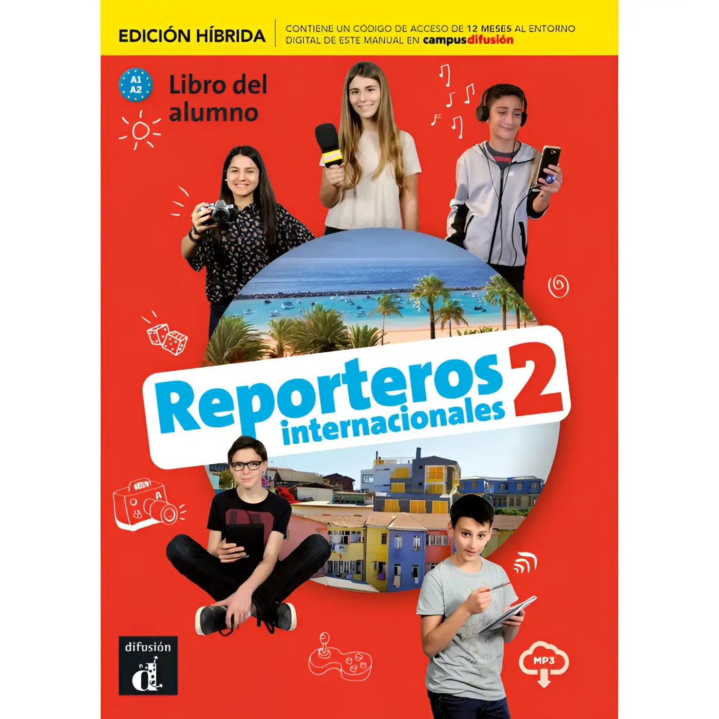 Rood omslagen boek reporteros internacionales 2 met afbeeldingen van studenten met camera’s en tablets voor hybride leren