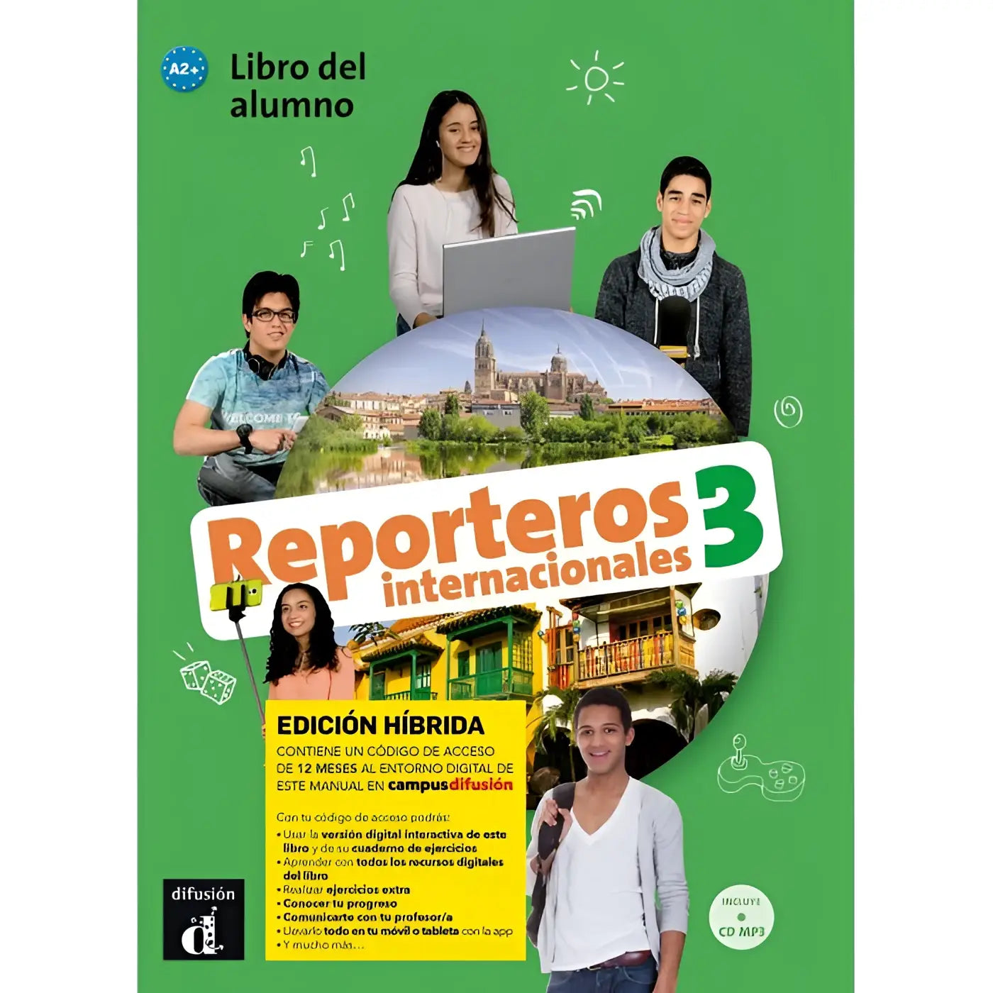 Groen bedekt leerboek reporteros internacionales 3 met stadssilhouet en vier studenten voor hybride editie leerlingboek