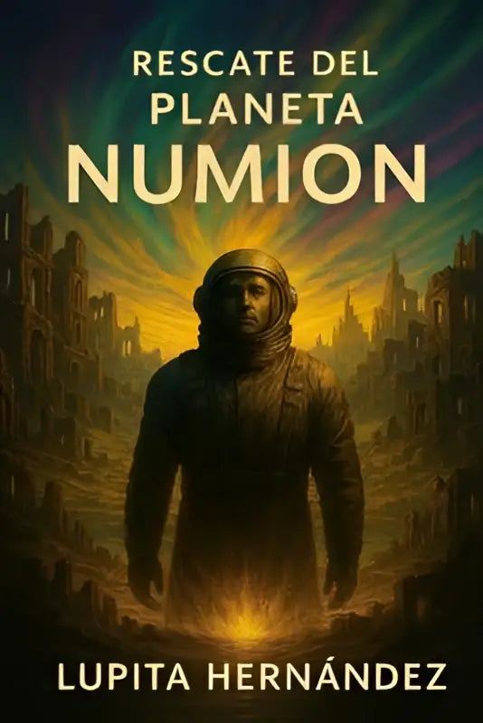Een eenzame astronaut in een versleten donker pak staat voor een ruïneuze stad bij het rescate del planeta numion
