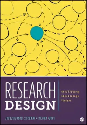 Het boek research design van julianne chee en elise ory heeft een geel omslag met zwarte concentrische cirkels en een blauwe stip
