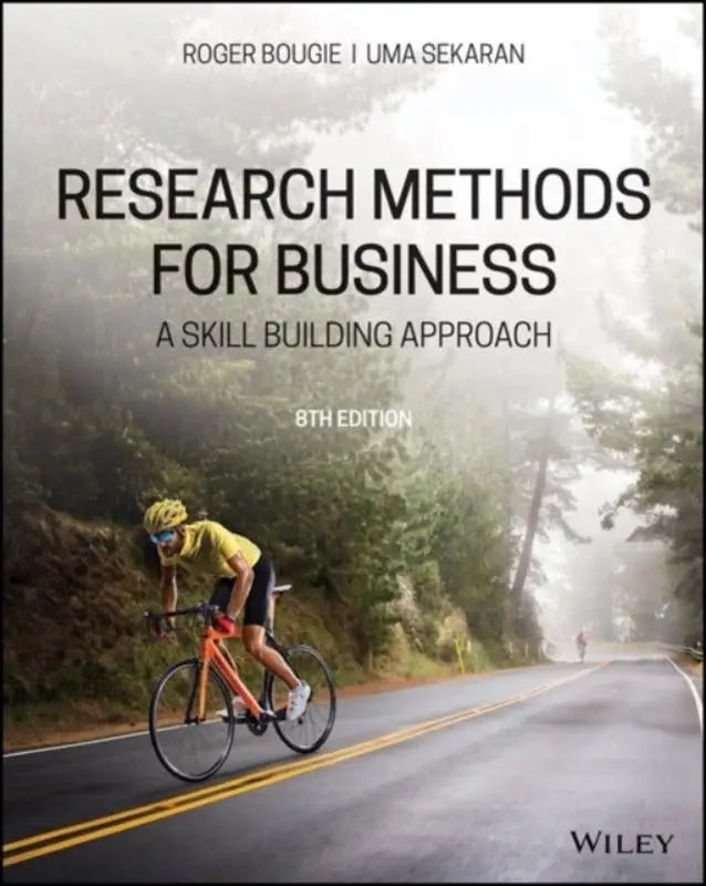 Het boek research methods for business toont een fietser op een oranje fiets in gele uitrusting voor onderzoeksmethoden