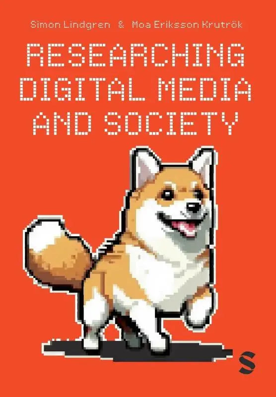 Pixel-art illustratie van een vrolijke tan-witte shiba inu hond voor het product researching digital media and society