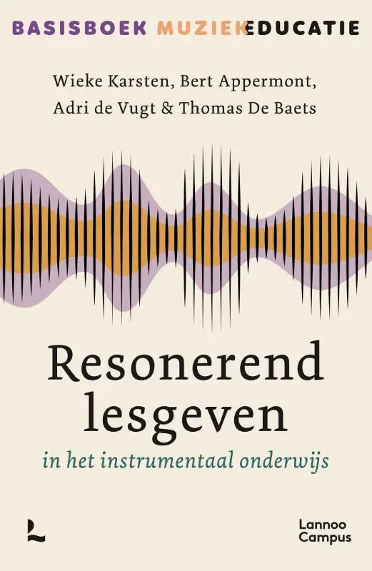 De boekcover van Resonerend lesgeven toont een minimalistisch design met abstracte geluidsgolven in paars en oranje, gericht op instrumentale didactiek