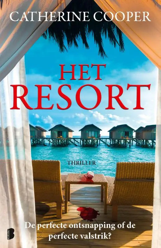 Het boek het resort toont een tropisch strand met rode titel en overwater bungalows voor perfecte ontsnapping of valstrik