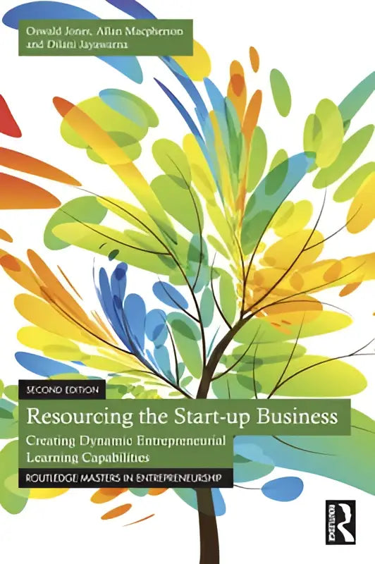 Boekcover van resourcing the start-up business met een kleurrijke abstracte boom die creating dynamic entrepreneurial benadrukt