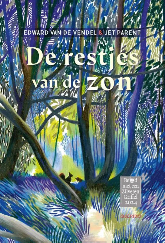 De restjes van de zon kinderboekcover met levendig bosontwerp in blauwgroene tinten voor jonge lezers