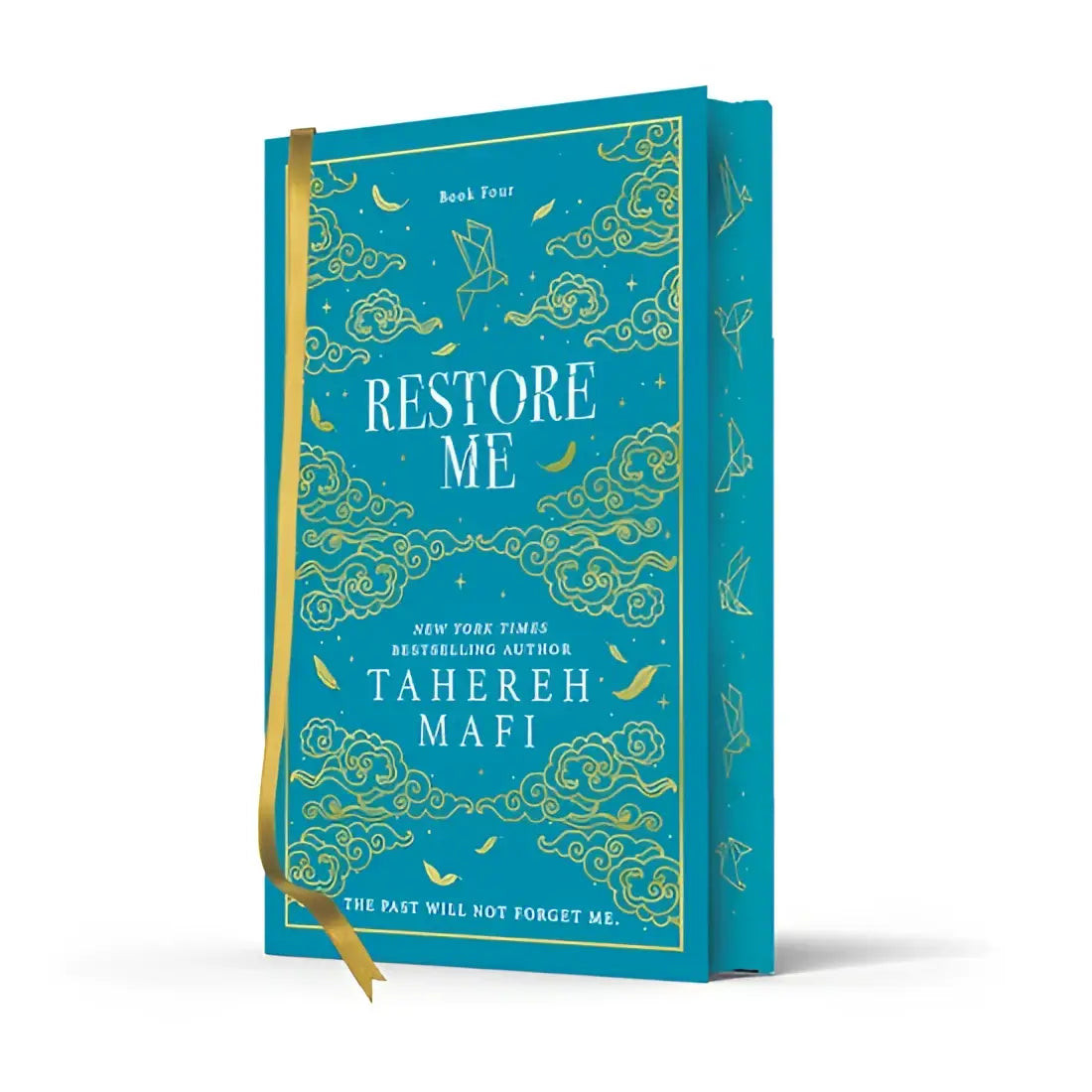 Een turquoise hardcover boek met gouden folie details en bijpassende leeslint restore me tahereh mafi special collector’s edition
