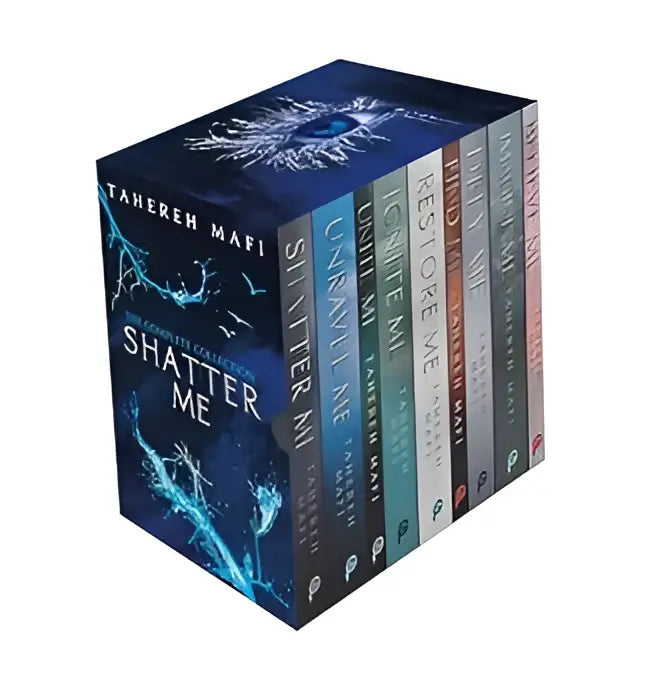 De box set van tahereh mafi shatter me bevat alle tien boeken met een opvallende blauwe cover en ijzig ontwerp