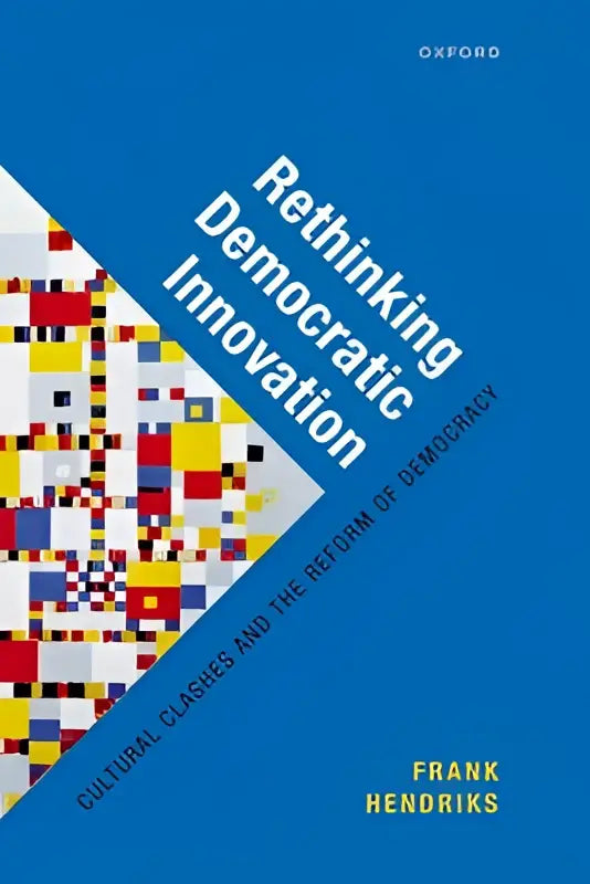 Blauw hardcover boek over rethinking democratic innovation met geometrisch rood, geel en wit pixelontwerp op omslag