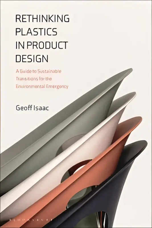 De boekcover van rethinking plastics in product design toont een modern design met overlappende grijze, witte en terracotta platen als guide to sustainable transitions for de milieuproblematiek
