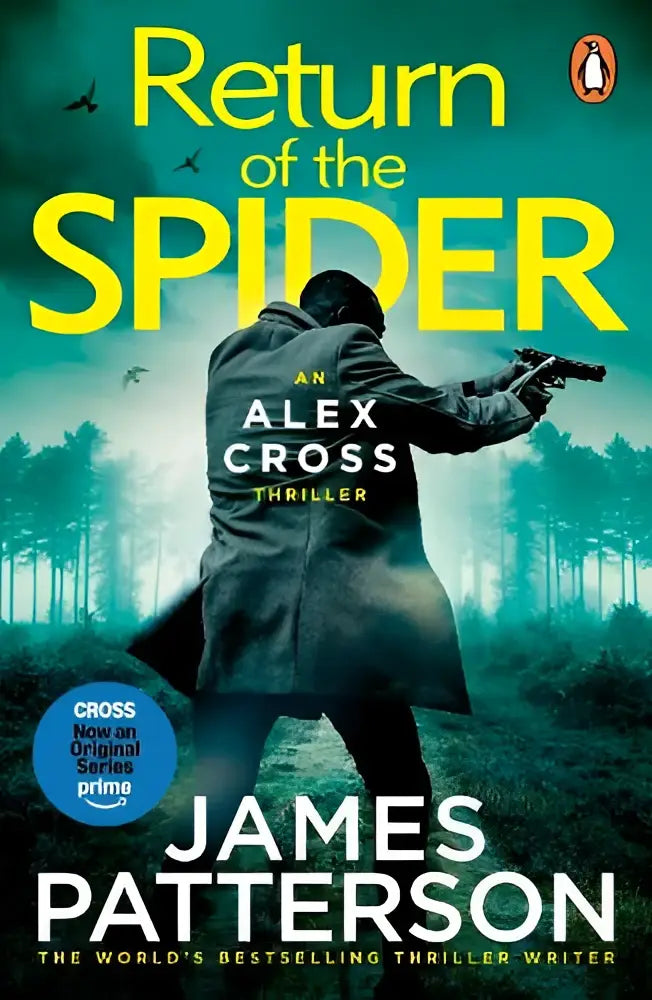 The book cover of Return of the Spider features a dark figure with a gun against a green forest, part of Alex Cross