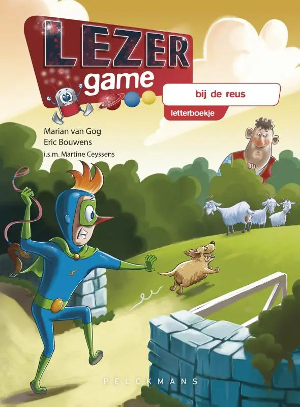 Blauwe superheld in dynamische pose op de cover van lezer game bij de reus letterboekje voor jonge lezers