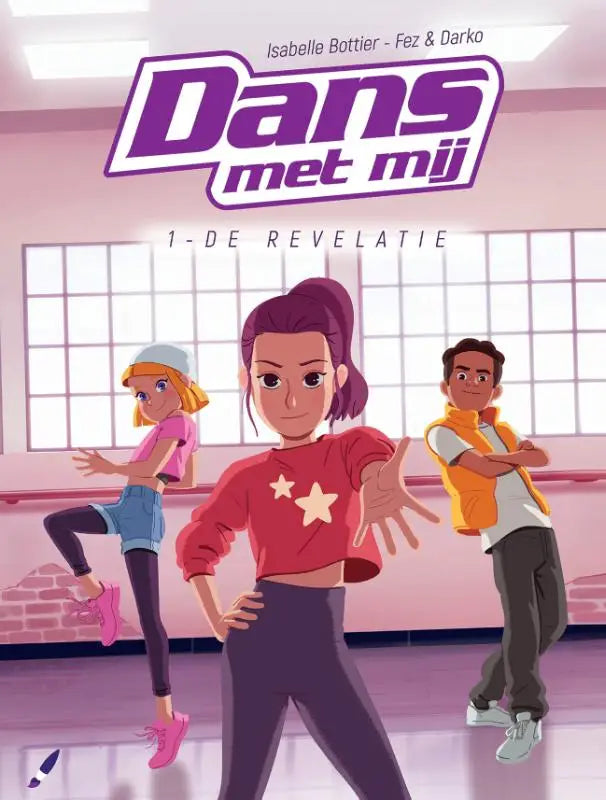 Purple en witte dans met mij boekcover met cartoonfiguren in dansstudio voor product de revelatie