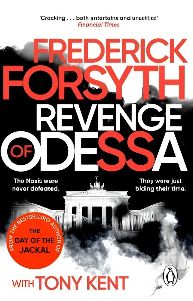 De boekomslag van revenge of odessa toont rood-witte tekst op een zwart-witfoto van de brandenburger tor met een oranje badge