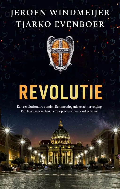 De boekcover van revolutie toont een gouden en zilveren schild met een sierlijk kruis op een donkere sterrenhemel achtergrond