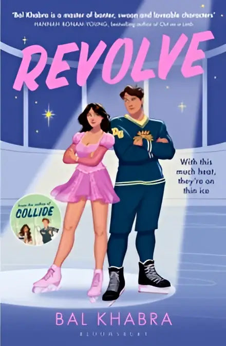 De revolve boekcover toont een figuurschaatser en een hockeyspeler in kleurrijke outfits op het ijs