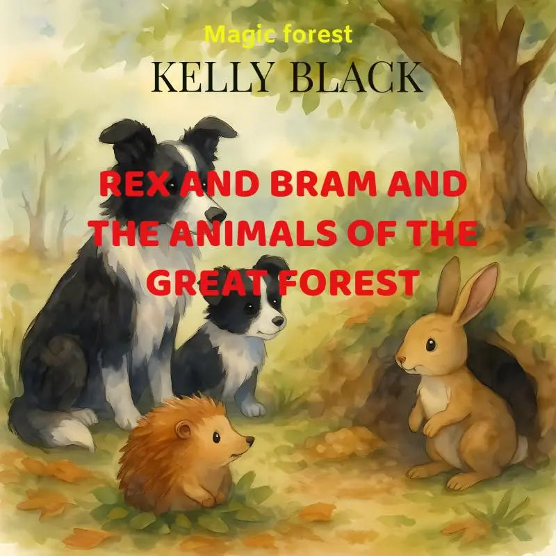 Kinderboek cover met rex en bram en dieren in magisch bos inclusief border collie pup konijn en egel
